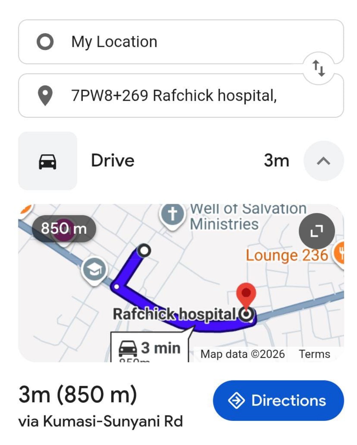 Map direction screenshot to 7PW8+269 Rafchik Hospital